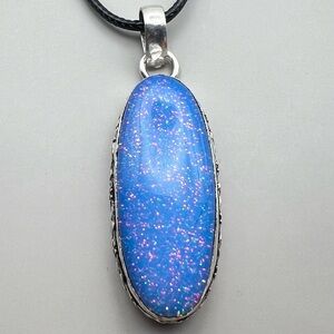 New Milky Glitter Opalite Silver Overlay Pendant Necklace with Cord